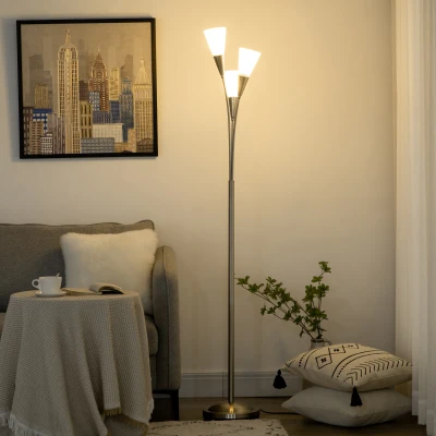 HOMCOM Modern 3-Light Floor Lamp Steel Base Silver