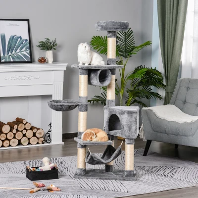 PawHut  Arbre à chats multi-équipements griffoirs grattoirs plateformes tunnel niche hamacs jouet suspendu gris