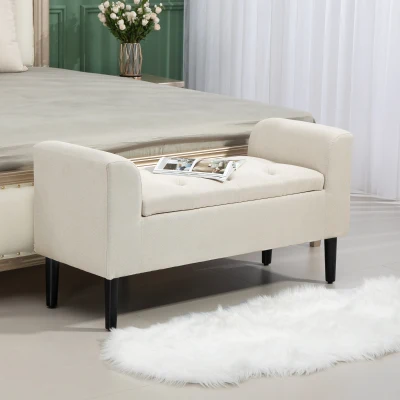 HOMCOM Banc Coffre Rangement Capitonné avec Accoudoirs Beige