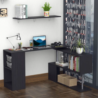 HOMCOM Bureau Informatique Zigzag Noir avec Bibliothèque Intégrée