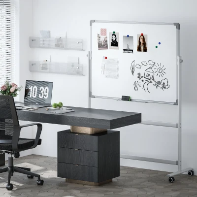 HOMCOM Whiteboard,120 x 90 cm, magnetisch, drehbar, mobil, inkl. Marker & Schwamm, Metallgestell, Weiß