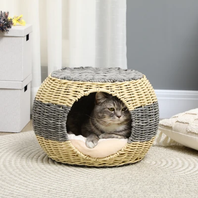 PawHut Wicker Cat House Rattan Raised Bed with Cushion Φ40cm