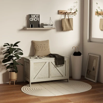HOMCOM Coffre Rangement Bois Naturel Couvercle Sécurisé 76x39x48 cm