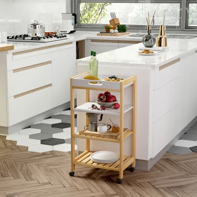 HOMCOM Carrello da Cucina a 4 Livelli in MDF e Legno di Pino