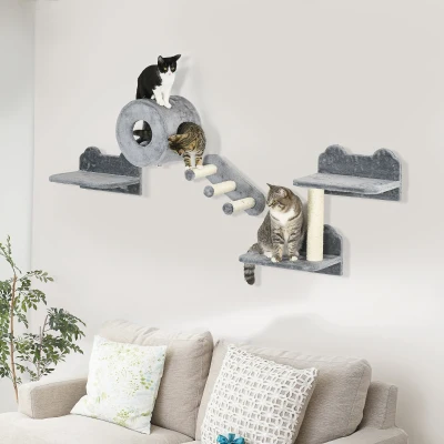 PawHut Wall-Mounted Cat Tree with Steps & Perch Grey