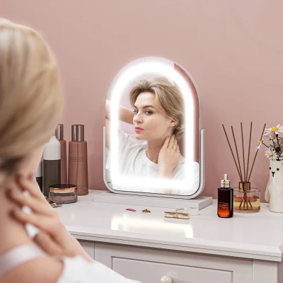 HOMCOM Espejo de Maquillaje con Luz LED Iluminación Ajustable Rotación Regulable de 360° y Control Táctil 33x12x44,5 cm Blanco