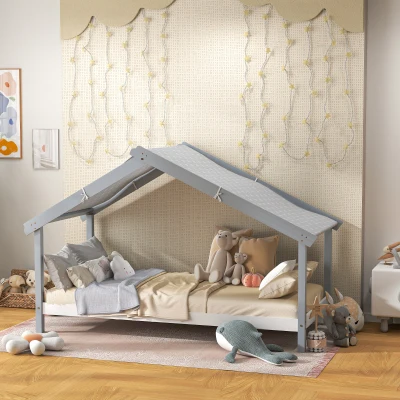 HOMCOM Letto per Bambini a Casetta in Legno con 15 Doghe Grigio