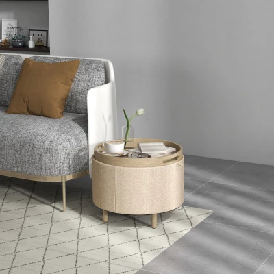 HOMCOM Pouf Rond Beige Rangement Réversible Bois