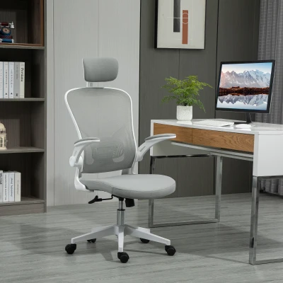 Vinsetto Silla de Oficina de Malla Silla Escritorio Giratoria con Altura Ajustable Reposabrazos Plegable Reposacabezas y Soporte Lumbar Regulables 65x64x114-122 cm Gris