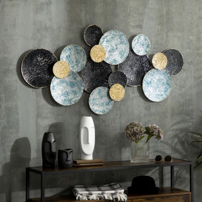HOMCOM Wall Art in Metallo a Cerchi 133x66cm Blu Nero Oro