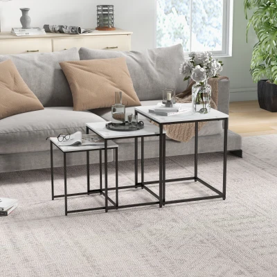 HOMCOM Tables Gigognes 3pcs Acier Noir Marbre Blanc