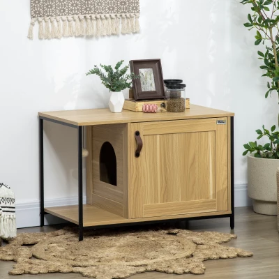PawHut Mueble Arenero para Gatos con Puerta Bola de Juguete Colgante Caja de Arena para Gatos para Interior 80x48x55 cm Roble