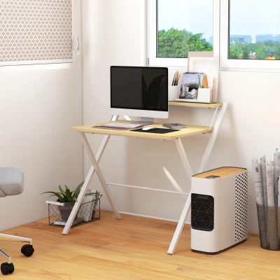 HOMCOM Mesa de Estudio Plegable con Estante Superior Estilo Moderno para Sala Oficina Dormitorio 81,5x70x84 cm Natural y Blanco