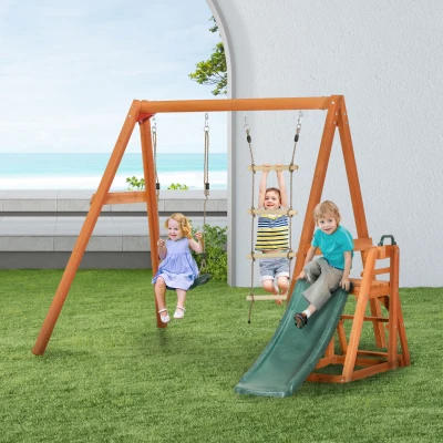 Outsunny Set Scivolo e Altalene in Legno per Bambini 3-8 Anni