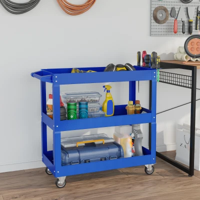 DURHAND Carro de Taller de Acero con 3 Estantes de Almacenamiento y Asa Lateral Carga 150 kg 83x35,3x76 cm Azul