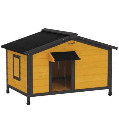 PawHut Caseta para Perros Exterior con Techo Asfáltico Abatible Ventanas y Base Extraíble 97x72x65 cm Madera Natural