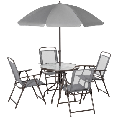 Outsunny 6 Piece Garden Dining Set with Umbrella, Outdoor Dining Sets with Parasol, 4 Folding Dining Chairs & Round Tempered Glass Table, Grey