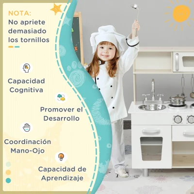 HOMCOM Cocina de Juguete de Madera con Fregadero Cocina de Inducción y Microondas Simulados con Accesorios Incluidos Cocina Infantil para +3 Años 74x30x81 cm Blanco(m-5)
