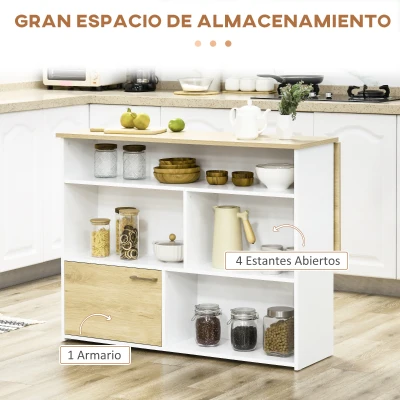 HOMCOM Isla de Cocina con Ala Abatible Mesa de Bar Alta con Múltiples Compartimentos 116x79,5x91 cm Blanco(m-5)