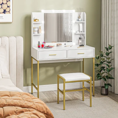 HOMCOM Lighted Makeup Vanity Table Set with Stool White