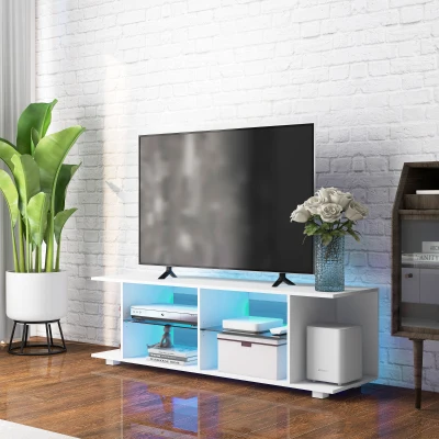 HOMCOM Meuble TV LED Blanc Verre Trempé pour TV jusqu'à 60"