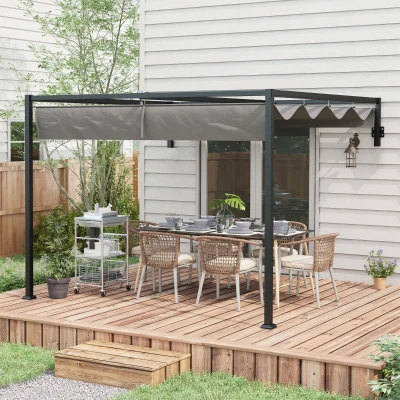 Outsunny Pérgola de Jardín de Pared 297x211x220 cm Cenador con Techo Retráctil y Marco de Acero para Patio Terraza Gris Oscuro