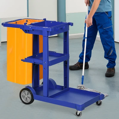 HOMCOM Carrello Pulizie 3 Ripiani con Sacco Blu Giallo e Grigio