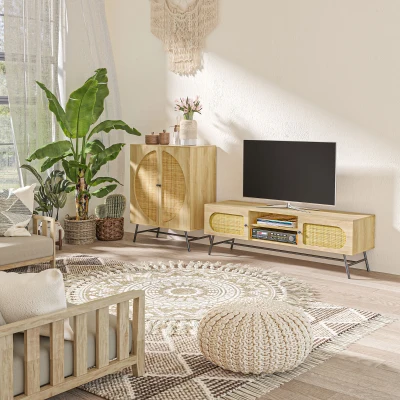 HOMCOM Credenza Stile Boho Legno e Rattan 80x39x101.8cm Naturale