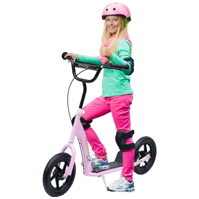 HOMCOM Patinete para Niños de 5-12 Años Scooter de 2 Ruedas Grandes de 12 Pulgadas con Freno y Manillar Ajustable en Altura Carga Máx. 50 kg 120x52x80-88 cm Rosa(m-1)