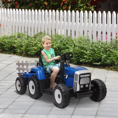 HOMCOM Tractor Eléctrico con Remolque para Niños 3-6 Años con Control Remoto y Cinturón de Seguridad 136,5x50x52,5 cm Azul