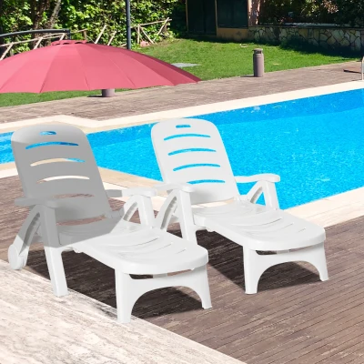 Outsunny Folding Sun Lounger Recliner on Wheels White