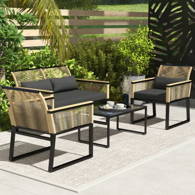 Outsunny Polyrattan Gartenmöbel Set 4 Personen, wetterfest Balkonmöbel-Set mit 2er Sofa, 2 Stühle Glastisch Sitzkissen Schwarz