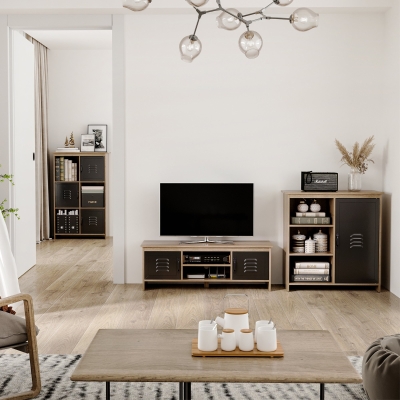 HOMCOM Buffet & Meuble TV Industriel Bois Veiné Portes Métal Noir