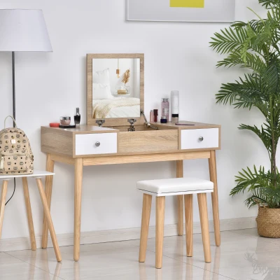 HOMCOM Tocador de Maquillaje con Espejo Abatible Mesa de Maquillaje con Taburete Acolchado Cojín Suave Compartimentos y Cajones Patas de Madera Maciza 100x45x118 cm Color Natural