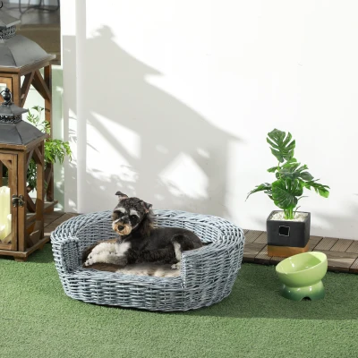 PawHut Wicker Pet Bed Willow Dog Cat Sofa Couch Puppy Basket with Cushion Grey 57L x 46W x 17.5H cm
