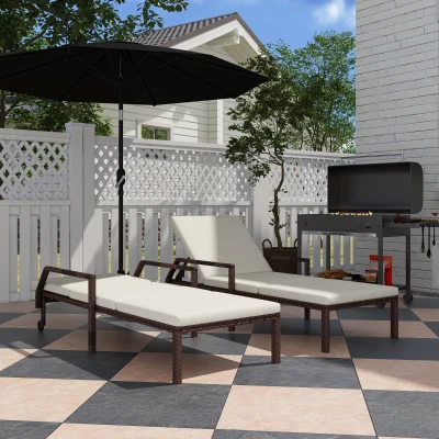 Outsunny Rattan Sun Lounger Set of 2, Adjustable Cream White