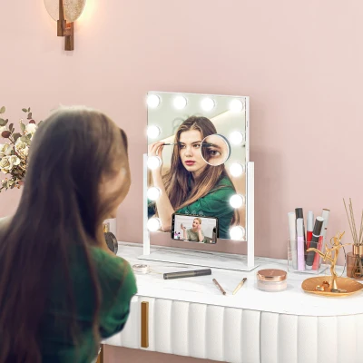 HOMCOM Espejo de Maquillaje con Luz 30x40 cm con 12 Bombillas 3 Modos de Iluminación Ajustables Interruptor Táctil Blanco