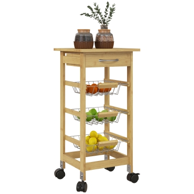 HOMCOM Carrello Cucina con Cassetto e 3 Cestini a Rete in Legno