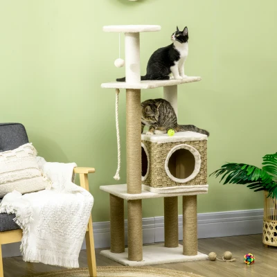 PawHut Arbre Chat 128cm Griffoirs Sisal & Jeux Beige