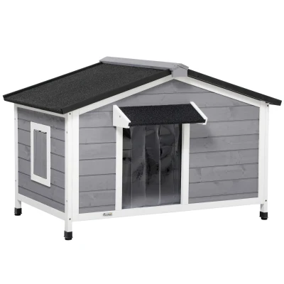PawHut Niche chien style cottage – 2 fenêtres, porte, toit ouvrant bitumé – dim. 109 x 79 x 72 cm – bois sapin gris