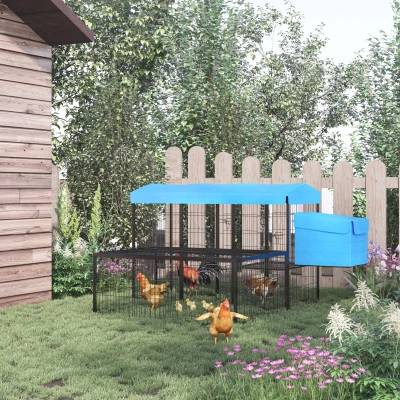 PawHut Gallinero para Exterior de Acero Jaula para 6-10 Gallinas con Toldo Corral de Alambre Independiente Nido Múltiples Puertas y Plataforma 200x165,5x103 cm Negro y Azul