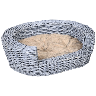 PawHut Wicker Pet Bed Willow Dog Cat Sofa Couch Puppy Basket with Cushion Grey 57L x 46W x 17.5H cm