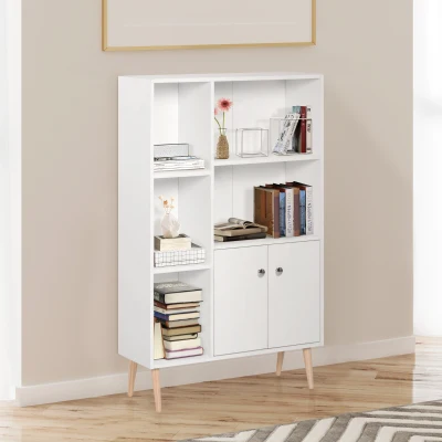 HOMCOM Open Bookcase Storage Unit Wooden White with Doors