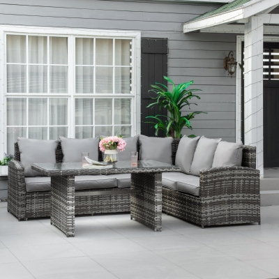 Outsunny 3 PCS Rattan Corner Dining Set Sofa Table Grey
