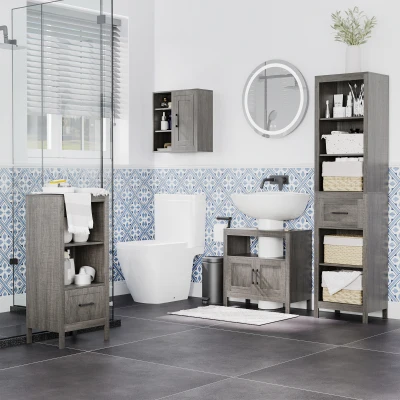 kleankin Pensile Bagno 3 Ripiani Aperti e Armadietto Grigio