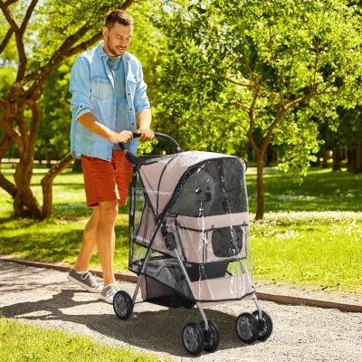 PawHut Dog Stroller Folding Pet Pram with Rain Cover Brown