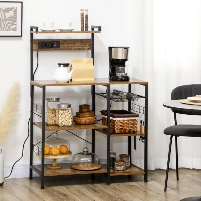 HOMCOM Estantería de Cocina para Microondas con Toma de Corriente Cargador USB 5 Ganchos 90x42x130 cm Marrón Rústico