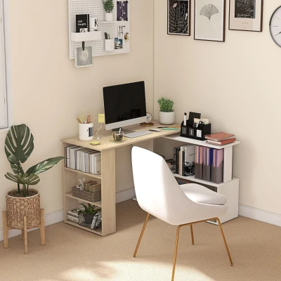 HOMCOM Escritorio en L con Estantería Mesa de Escritorio con Estantes para Oficina Estudio 120x110x74,5 cm Natural y Blanco