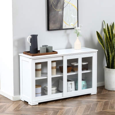 HOMCOM Aparador de Cocina Moderno Mueble Auxiliar con 2 Puertas Corredizas de Vidrio y Estante Ajustable 107x33x62,5 cm Blanco