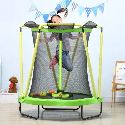 ZONEKIZ Cama Elástica Infantil Ø140 cm con Red de Seguridad Canasta de Baloncesto y 20 Bolas de Plástico Verde